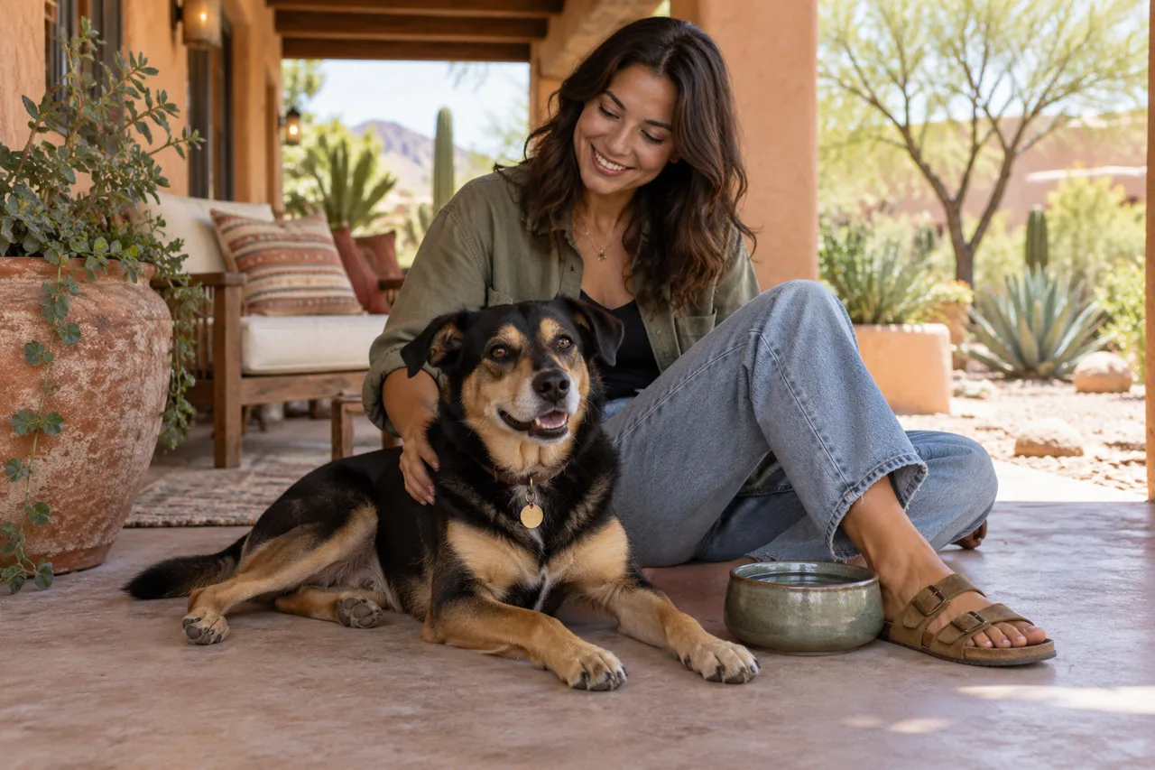 Owner sitting outdoors beside a black-and-tan dog