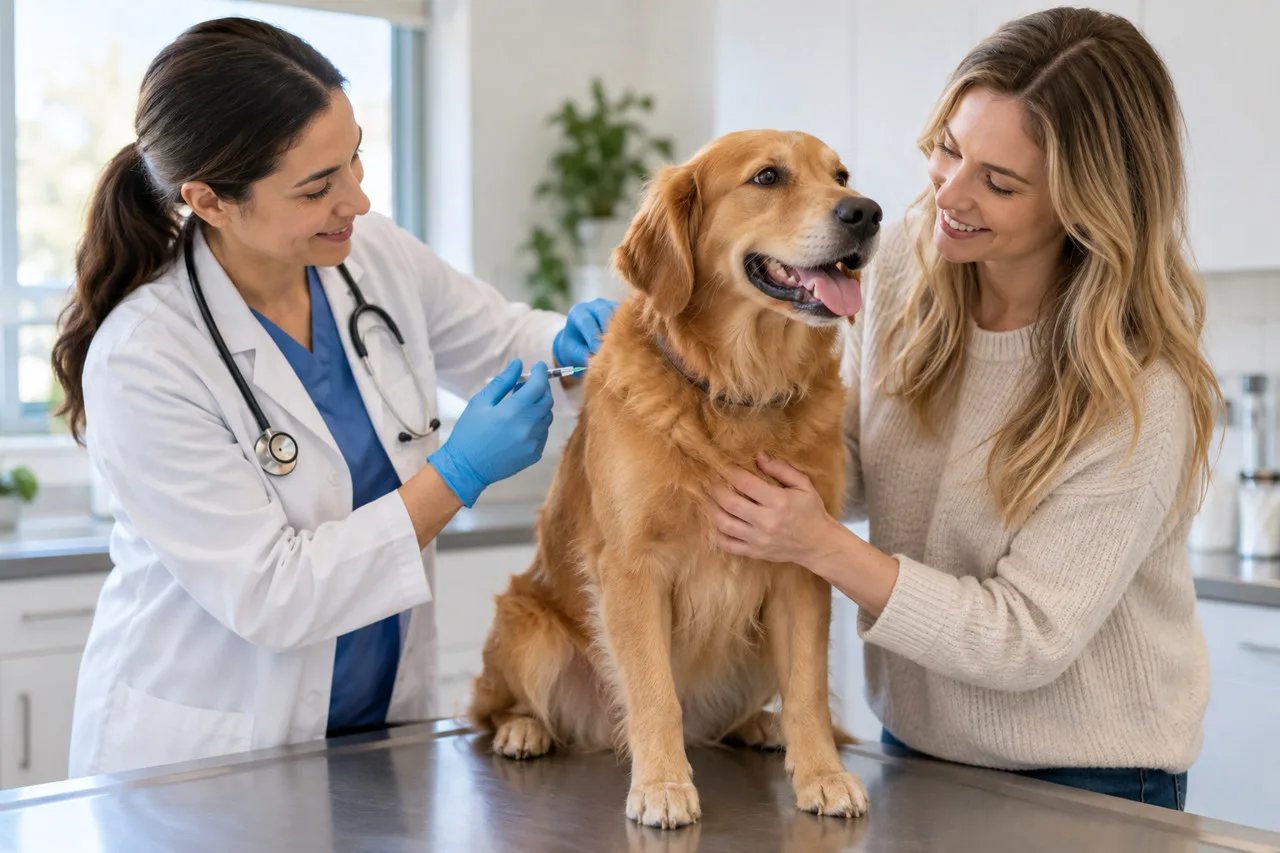Veterinarian examining a dog beside its owner